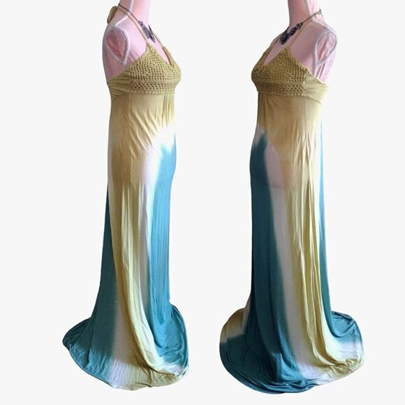 Y2K Yellow Green Tie Dye Viscose Embroidered Halter Maxi Dress Medium - Picture 13 of 16